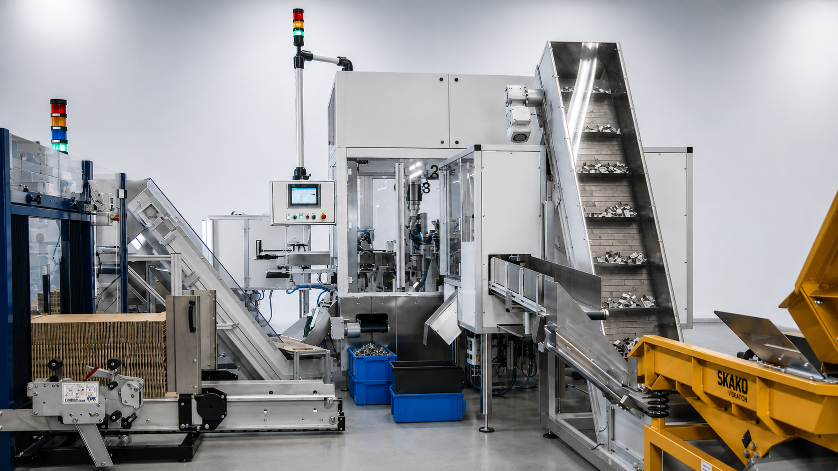 Montagemaschine für Bügelschellen von Basotec: Montageinsel mit automatisierter Zuführung, Bearbeitungs- und Montagezentrum und automatischer Kartonage für 90 Artikel-Varianten